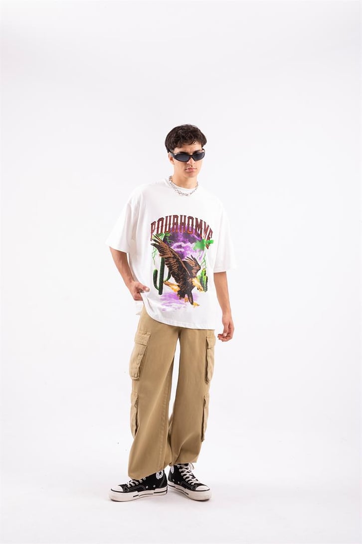 Pour Homme Eagle Baskılı Beyaz Oversize Tshirt