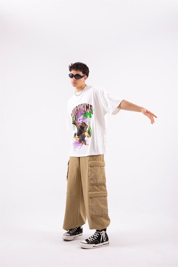 Pour Homme Eagle Baskılı Beyaz Oversize Tshirt