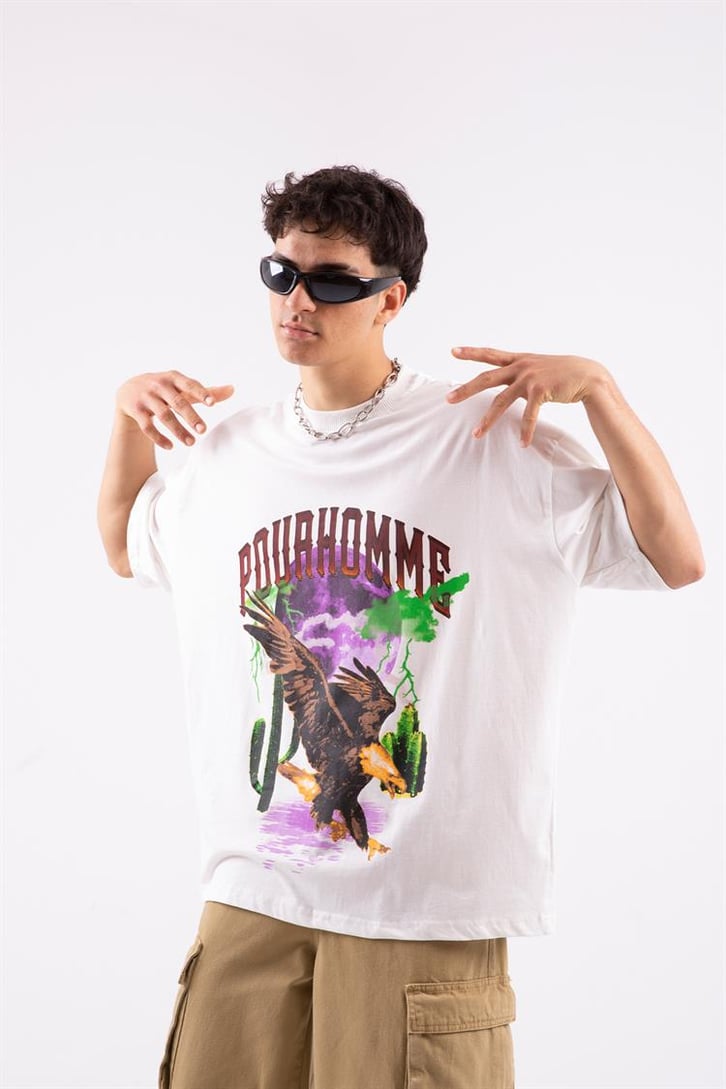Pour Homme Eagle Baskılı Beyaz Oversize Tshirt