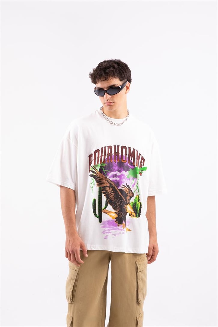 Pour Homme Eagle Baskılı Beyaz Oversize Tshirt