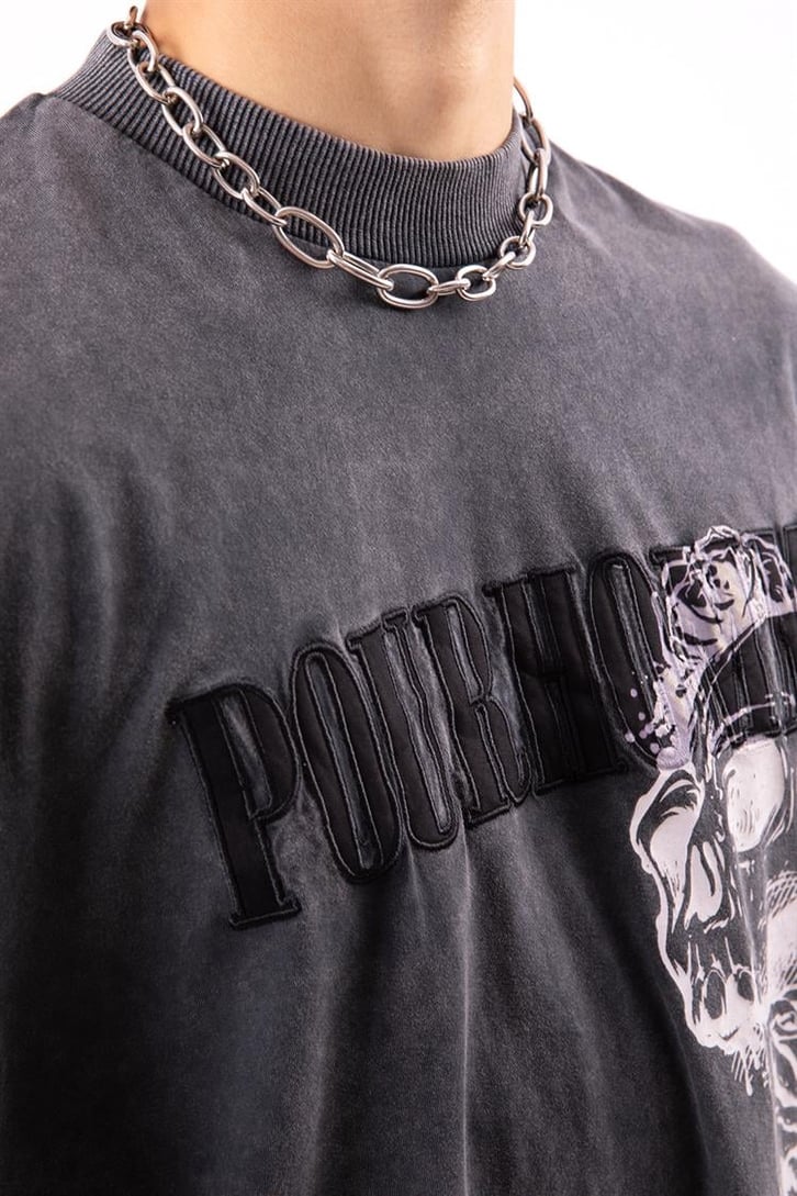 Pour Homme Nakışlı Acid Wash Oversize Tshirt