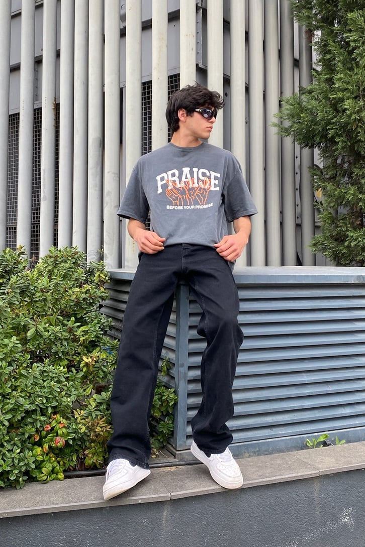 Praise Baskılı Antrasit Oversize Tshirt