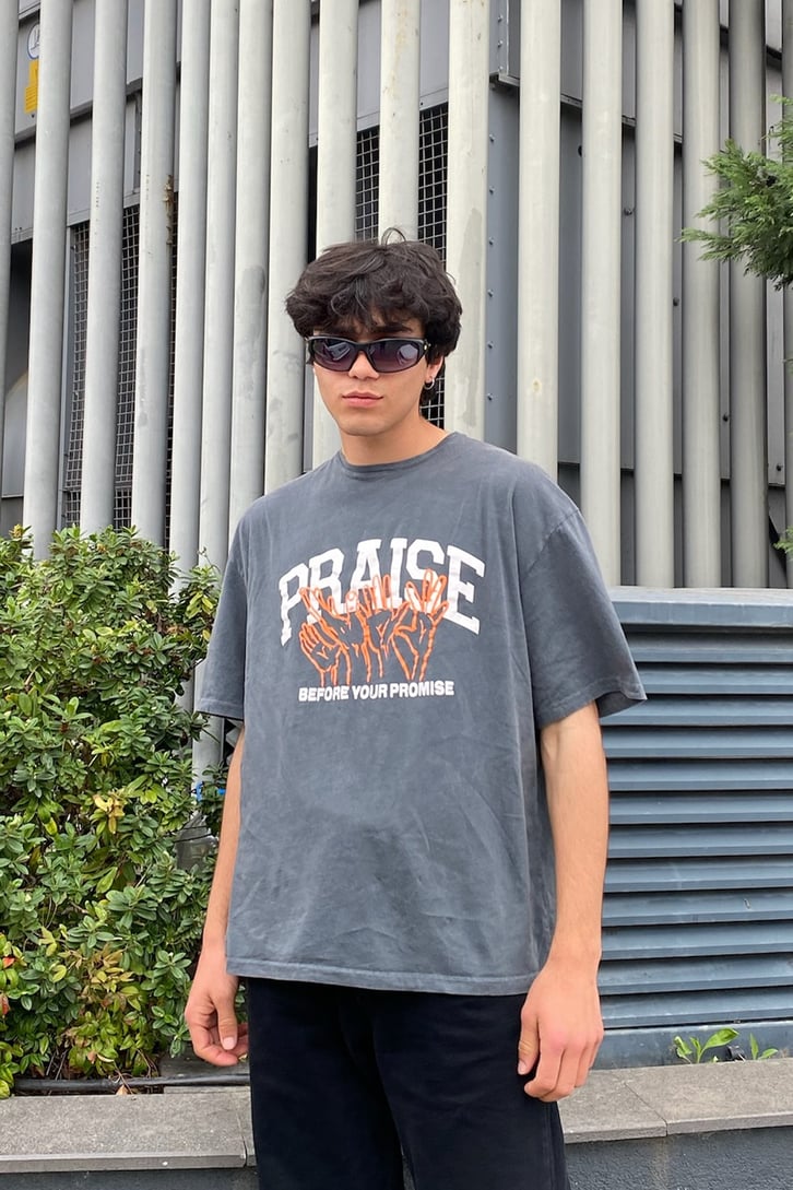 Praise Baskılı Antrasit Oversize Tshirt