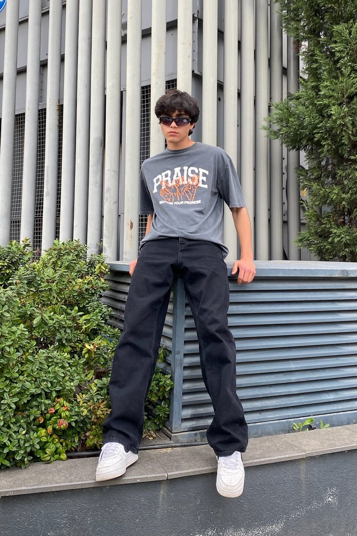 Praise Baskılı Antrasit Oversize Tshirt