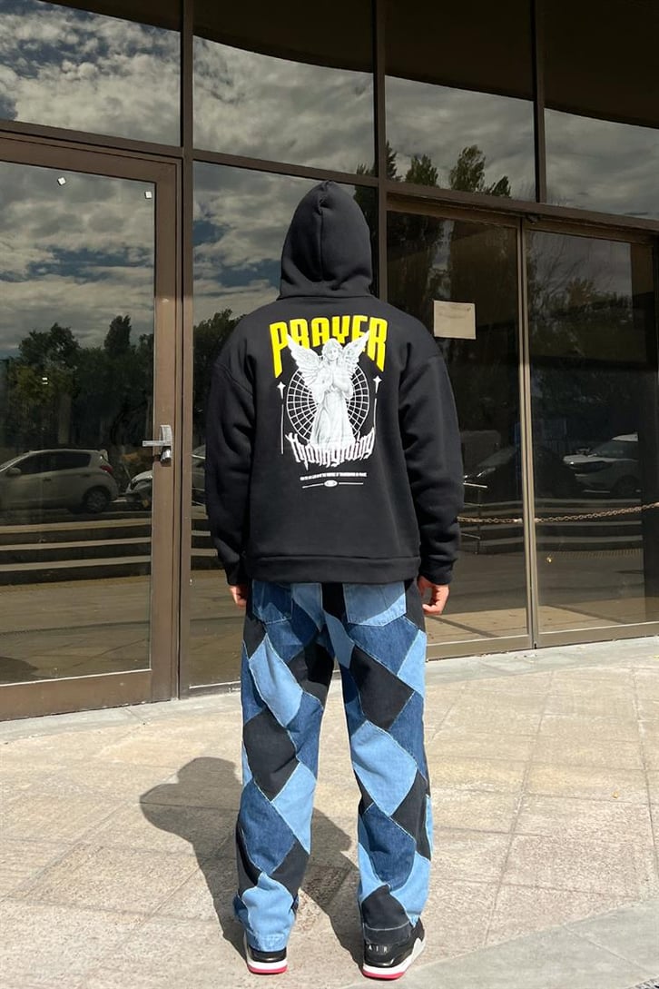 Prayer Statue Sırt Baskılı Siyah Oversize Hoodie