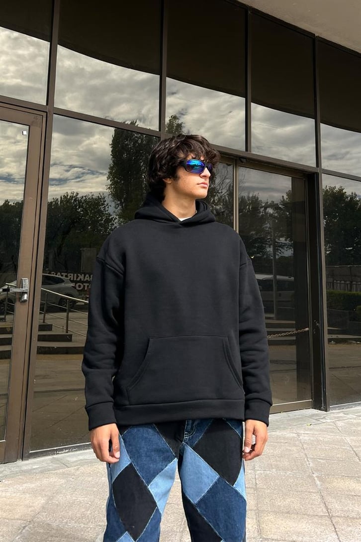 Prayer Statue Sırt Baskılı Siyah Oversize Hoodie
