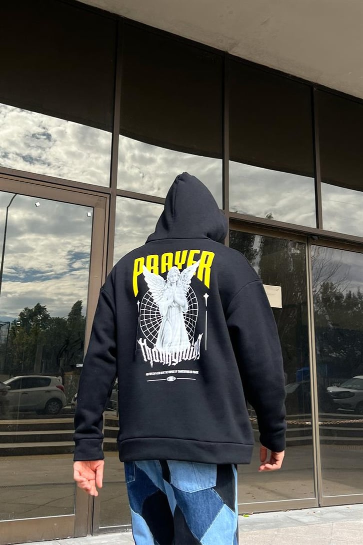 Prayer Statue Sırt Baskılı Siyah Oversize Hoodie