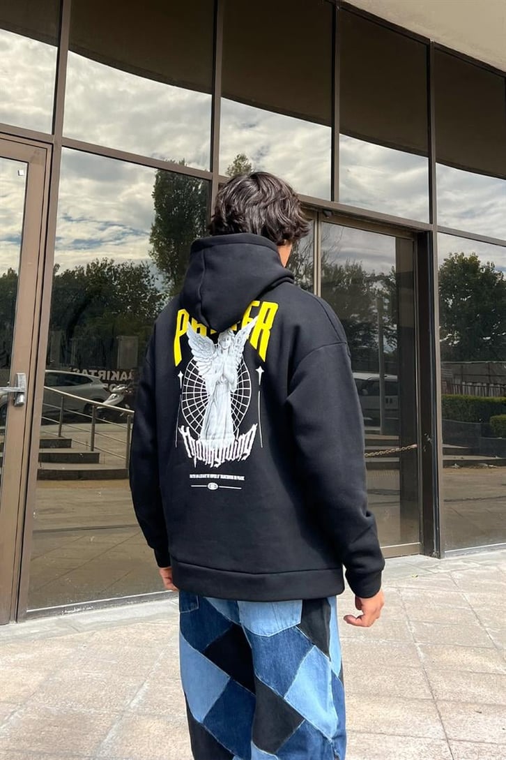 Prayer Statue Sırt Baskılı Siyah Oversize Hoodie