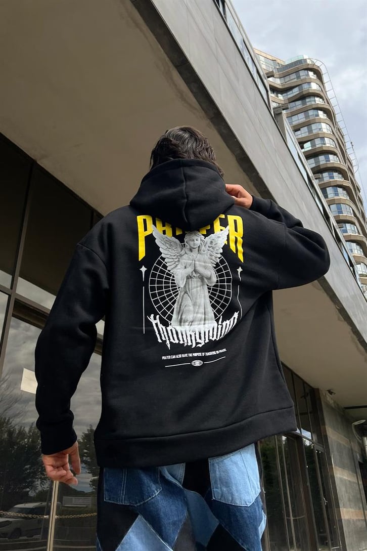 Prayer Statue Sırt Baskılı Siyah Oversize Hoodie