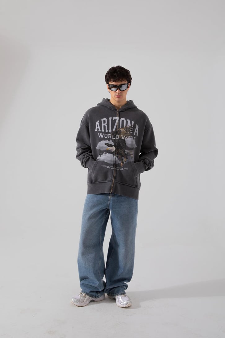 Premium 500 GSM Eagle Baskılı Acid Wash Oversize Hoodie