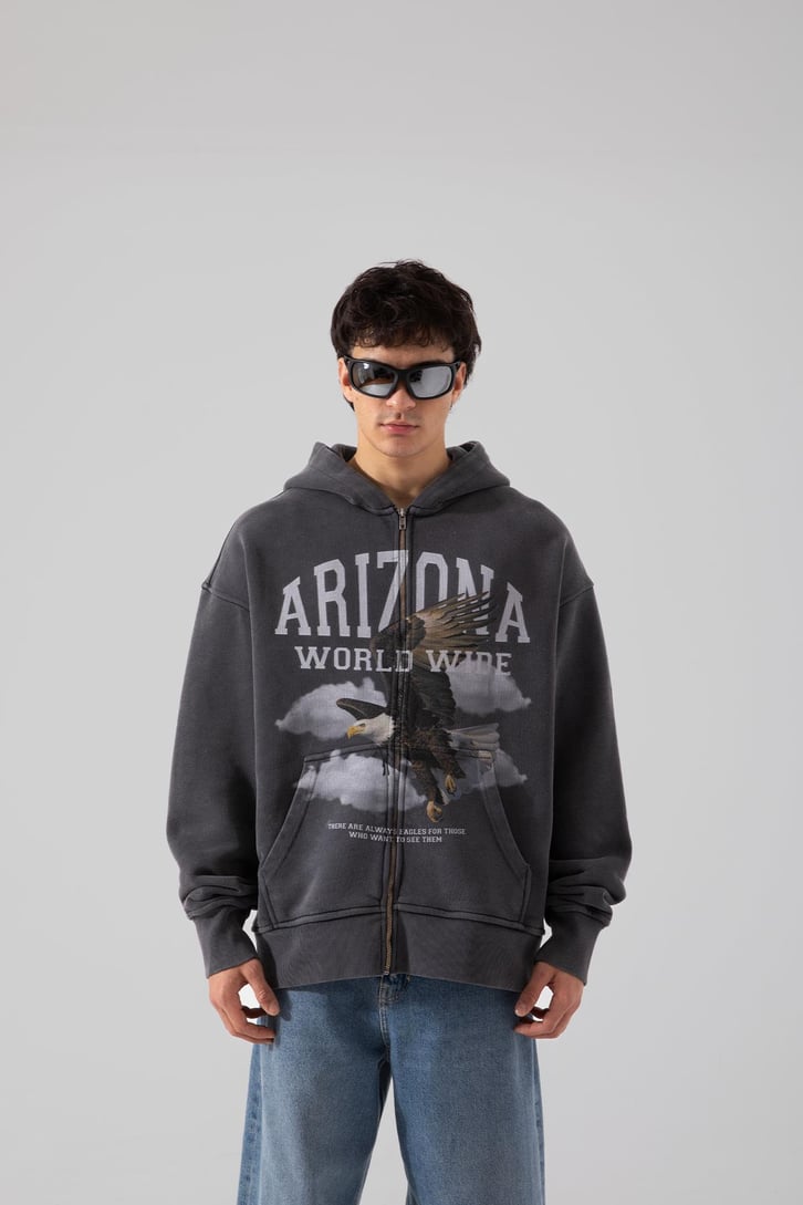 Premium 500 GSM Eagle Baskılı Acid Wash Oversize Hoodie