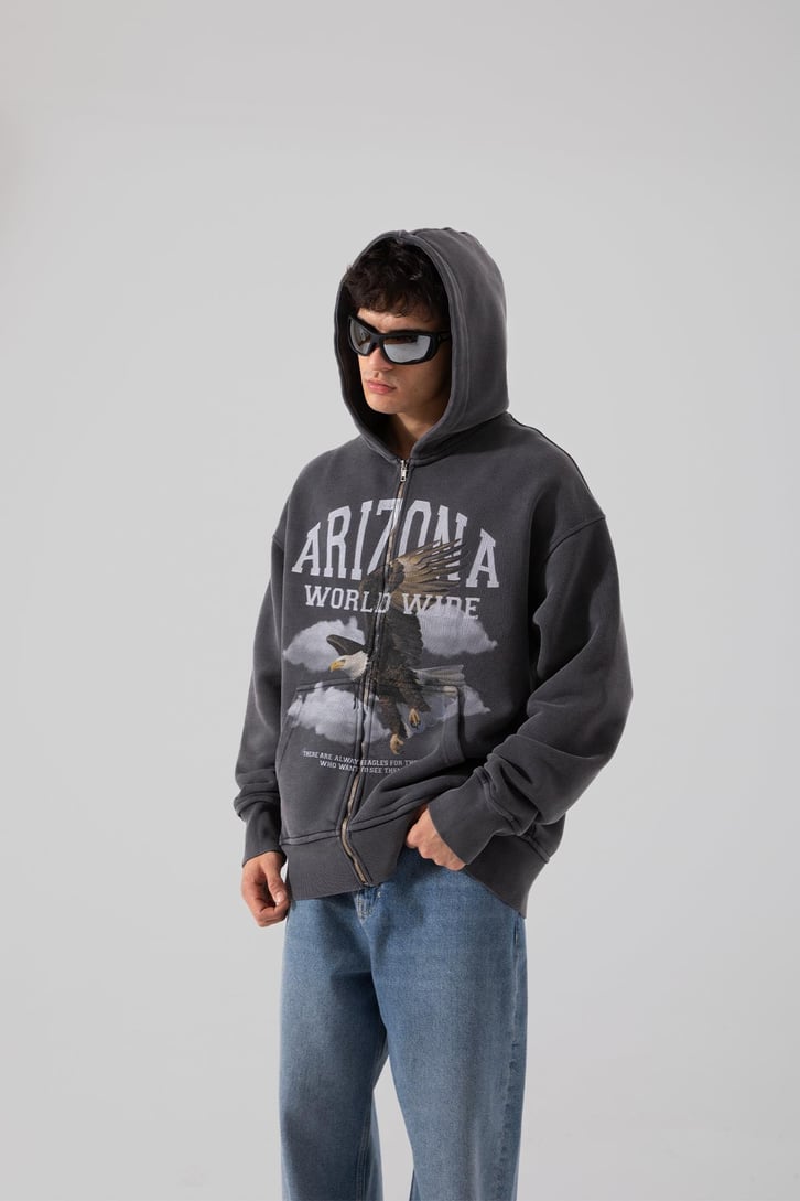 Premium 500 GSM Eagle Baskılı Acid Wash Oversize Hoodie