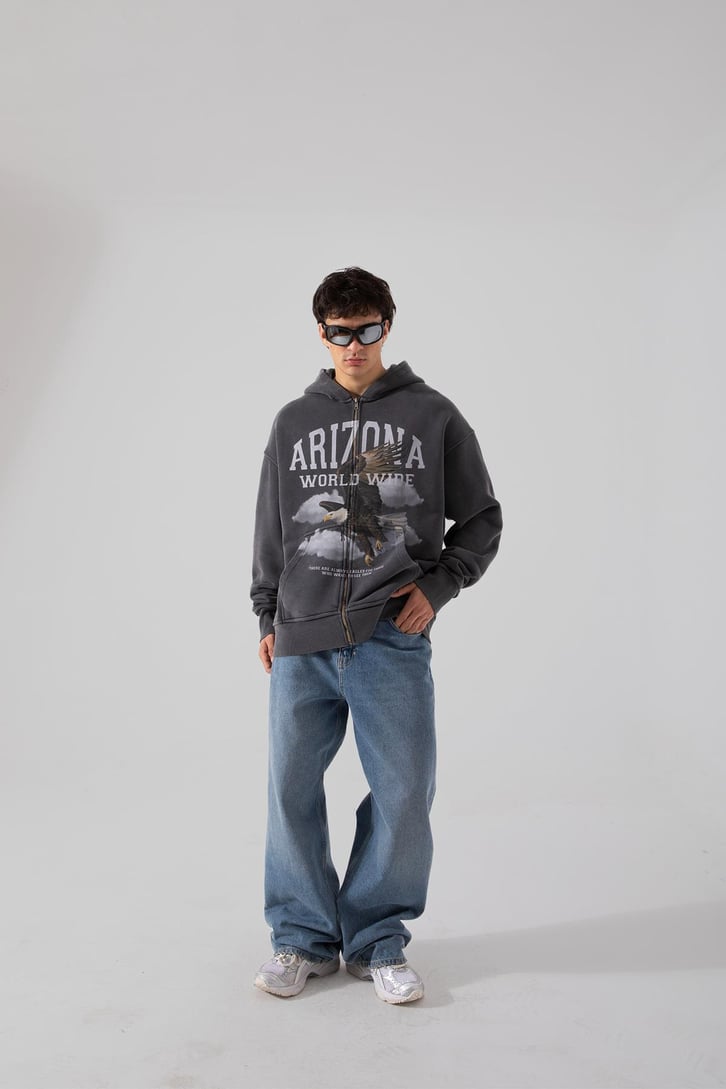 Premium 500 GSM Eagle Baskılı Acid Wash Oversize Hoodie