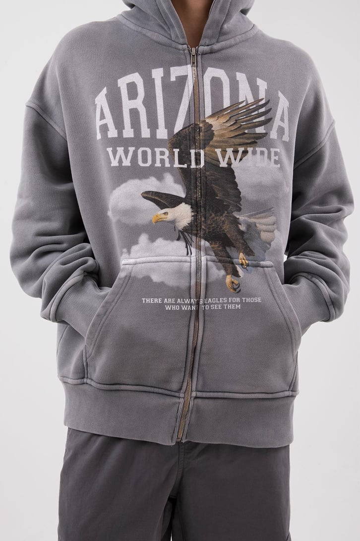 Premium 500 GSM Eagle Baskılı Gri Oversize Hoodie
