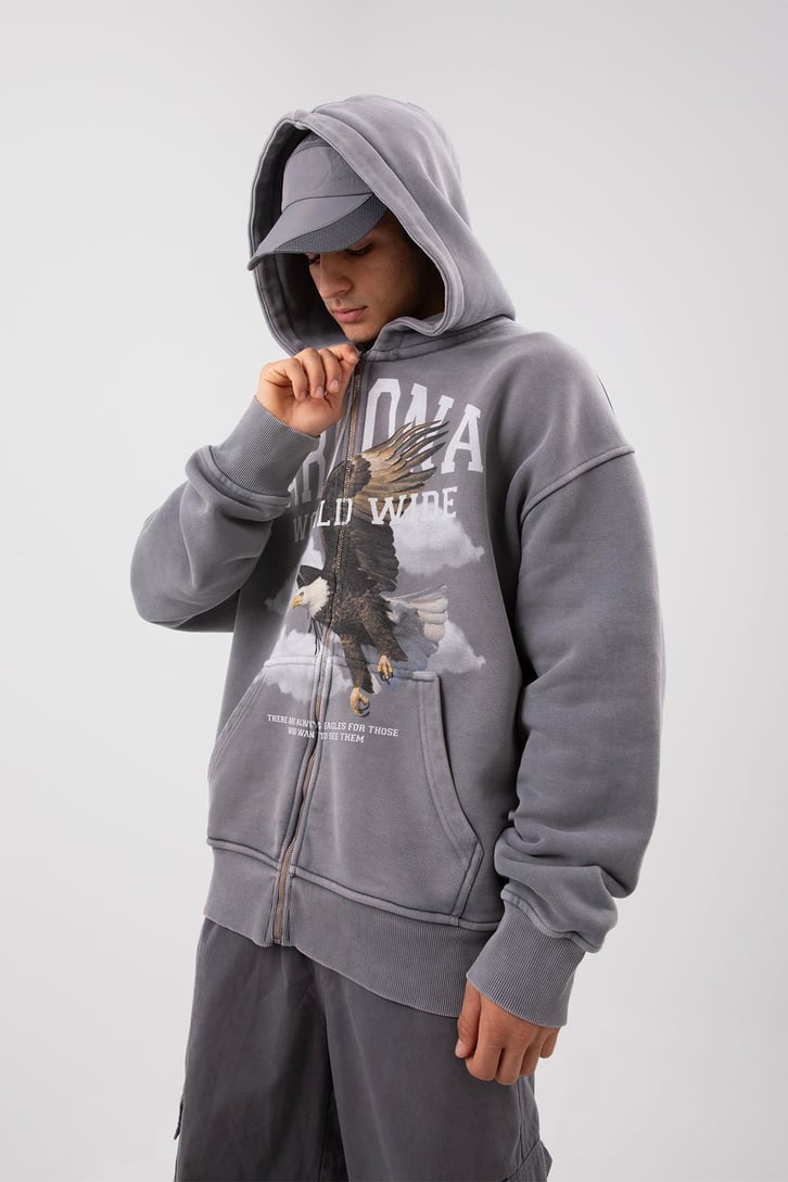 Premium 500 GSM Eagle Baskılı Gri Oversize Hoodie
