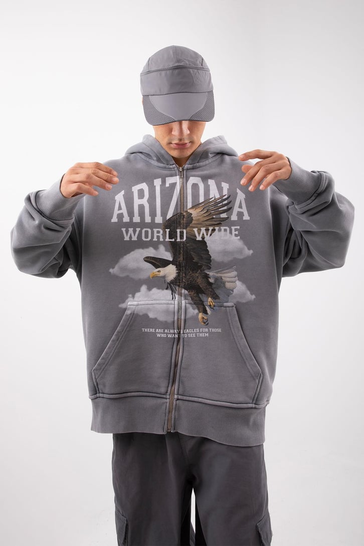 Premium 500 GSM Eagle Baskılı Gri Oversize Hoodie