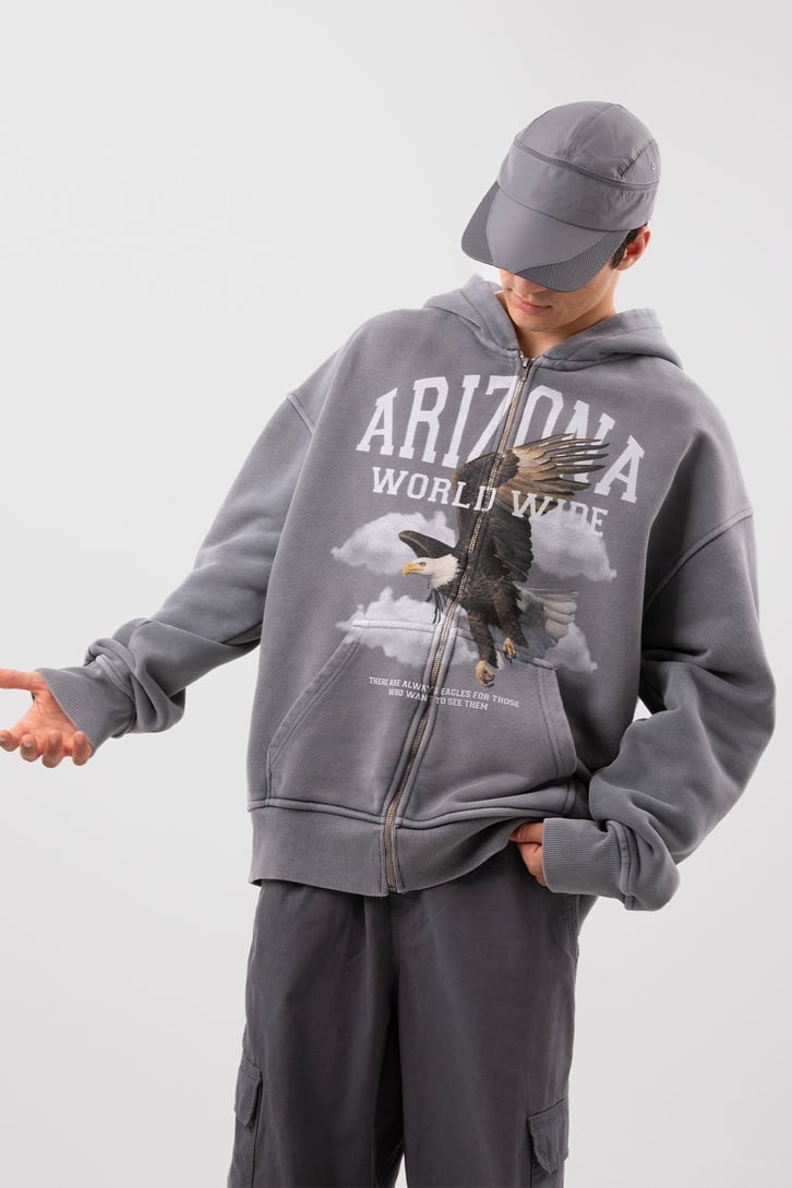 Premium 500 GSM Eagle Baskılı Gri Oversize Hoodie