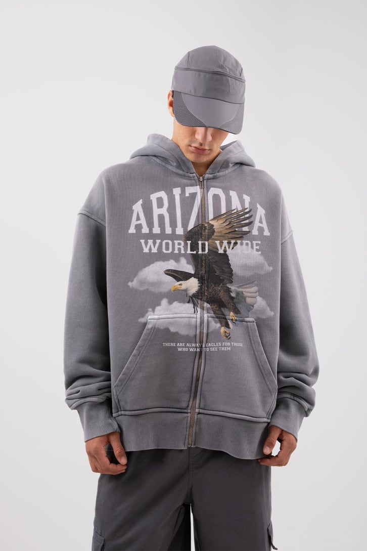 Premium 500 GSM Eagle Baskılı Gri Oversize Hoodie