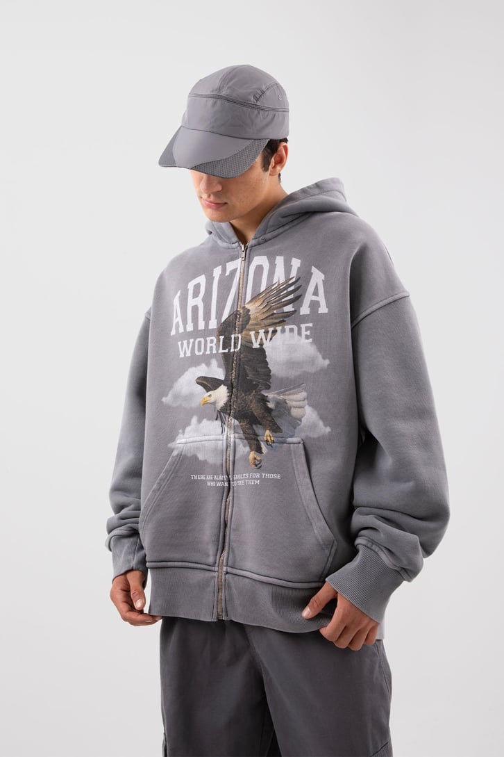 Premium 500 GSM Eagle Baskılı Gri Oversize Hoodie