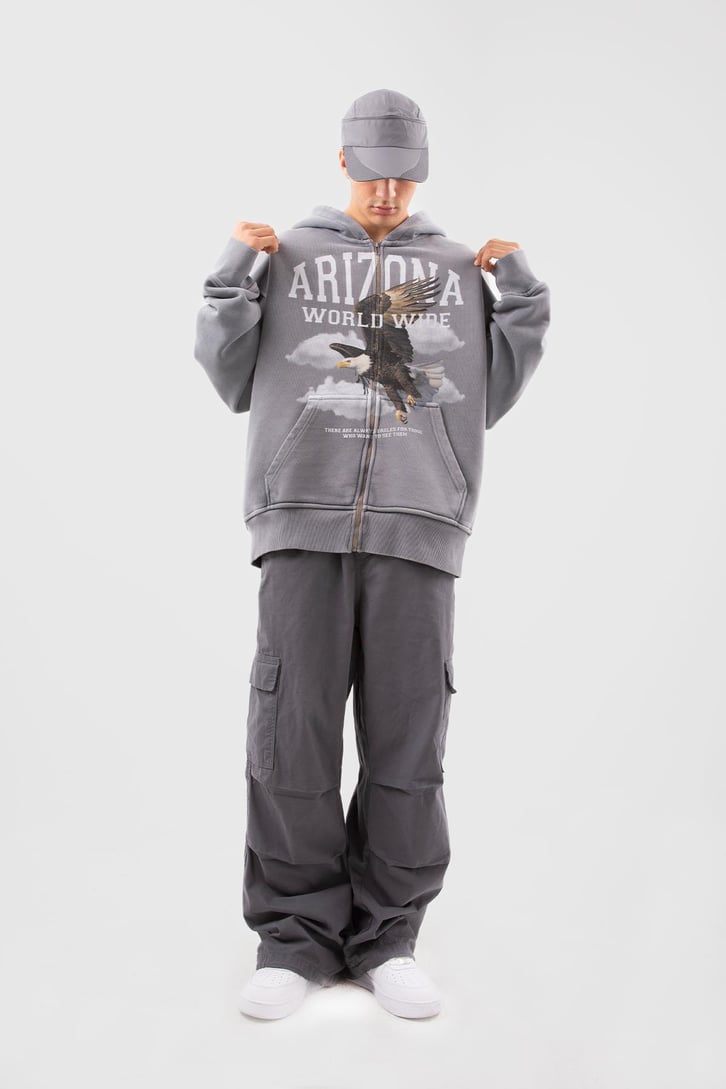 Premium 500 GSM Eagle Baskılı Gri Oversize Hoodie