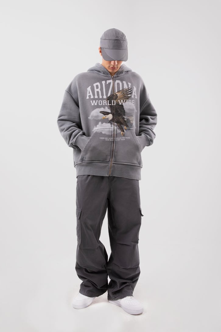 Premium 500 GSM Eagle Baskılı Gri Oversize Hoodie