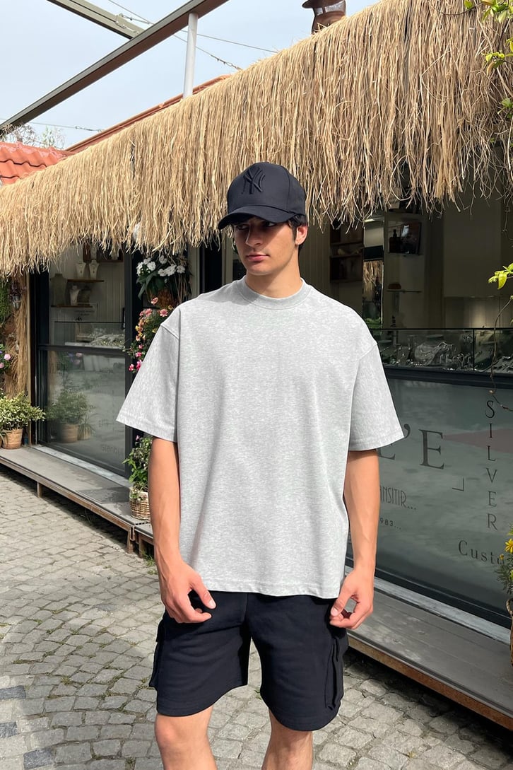 Premium Basic Gri Melanj Oversize Tişört