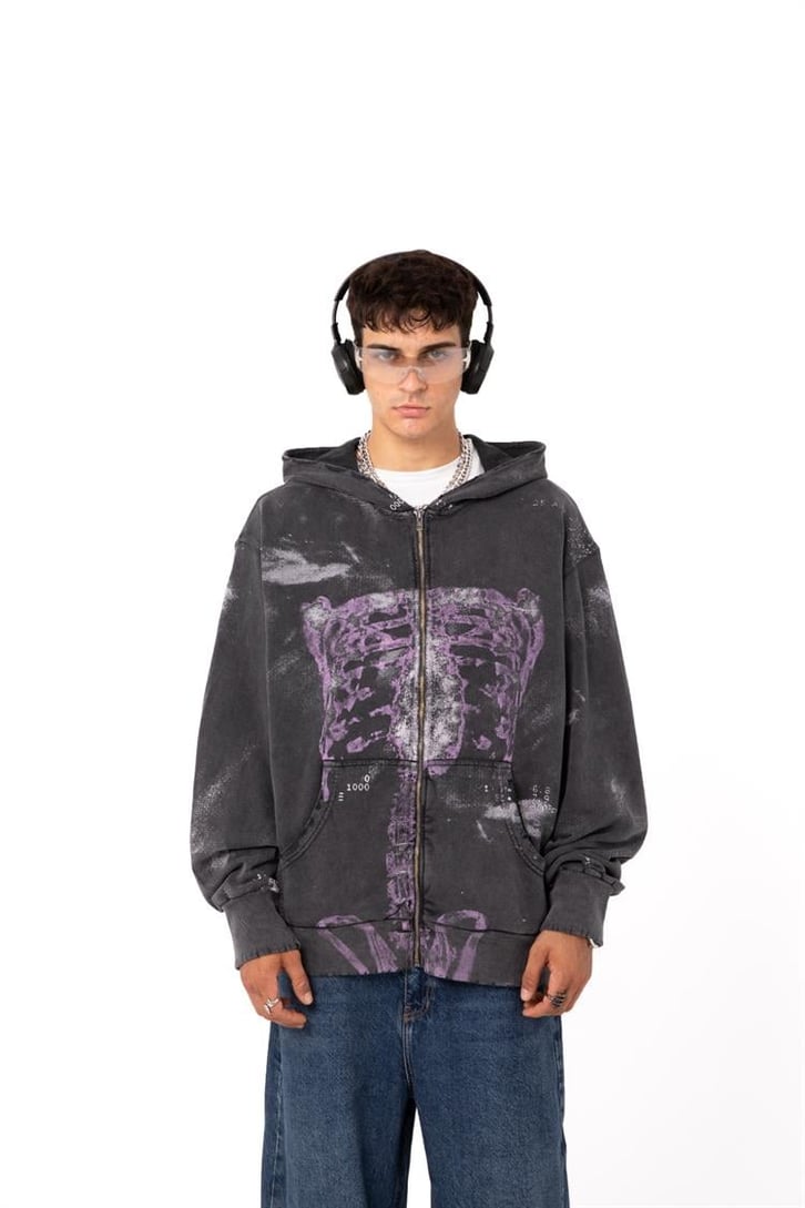 Premium Baskılı Acid Wash Oversize Zip Hoodie