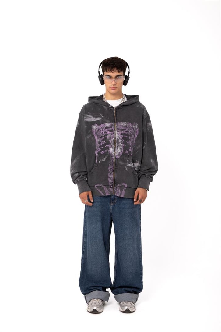 Premium Baskılı Acid Wash Oversize Zip Hoodie