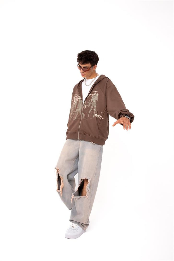 Premium Baskılı Kahverengi Zipper Hoodie