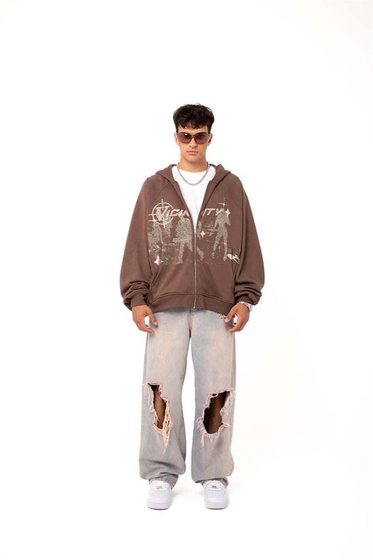 Premium Baskılı Kahverengi Zipper Hoodie