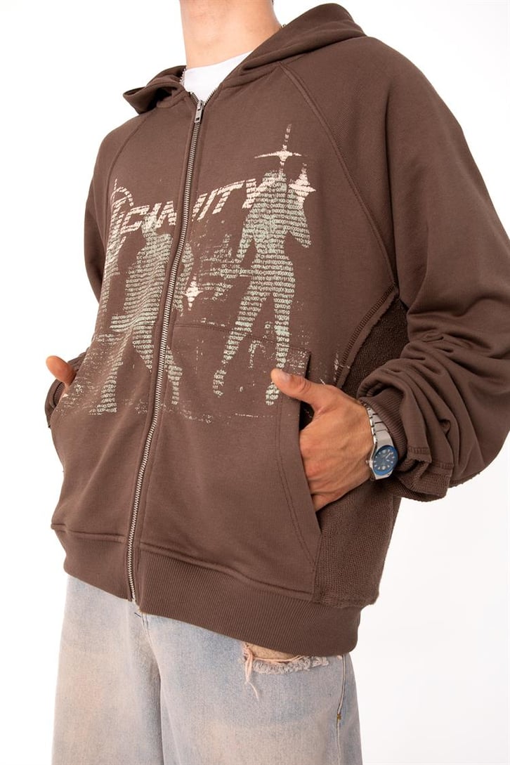 Premium Baskılı Kahverengi Zipper Hoodie