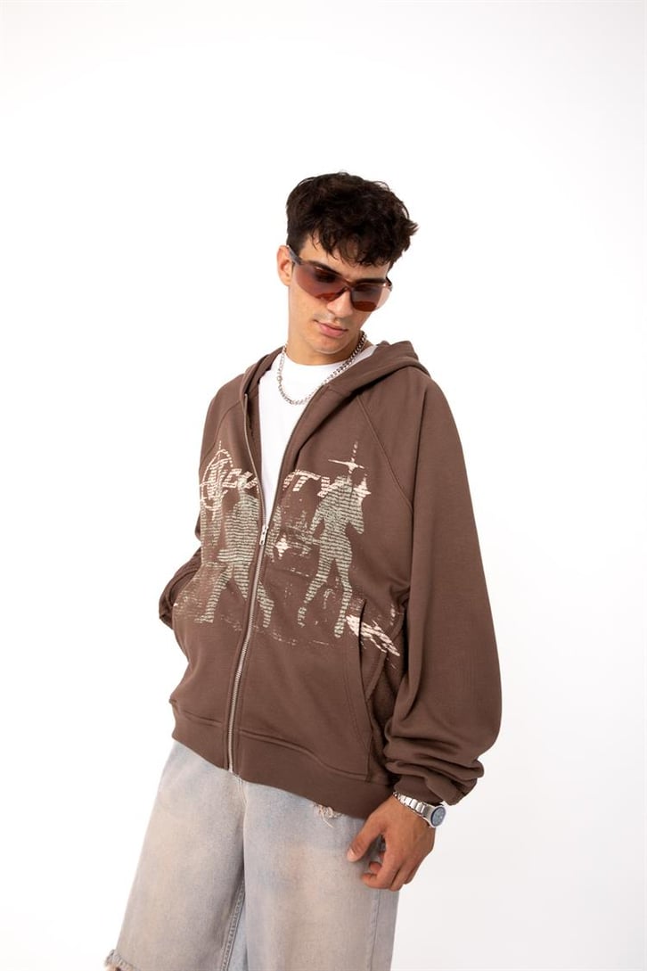 Premium Baskılı Kahverengi Zipper Hoodie