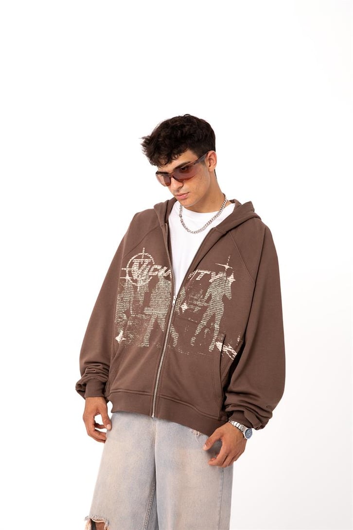 Premium Baskılı Kahverengi Zipper Hoodie