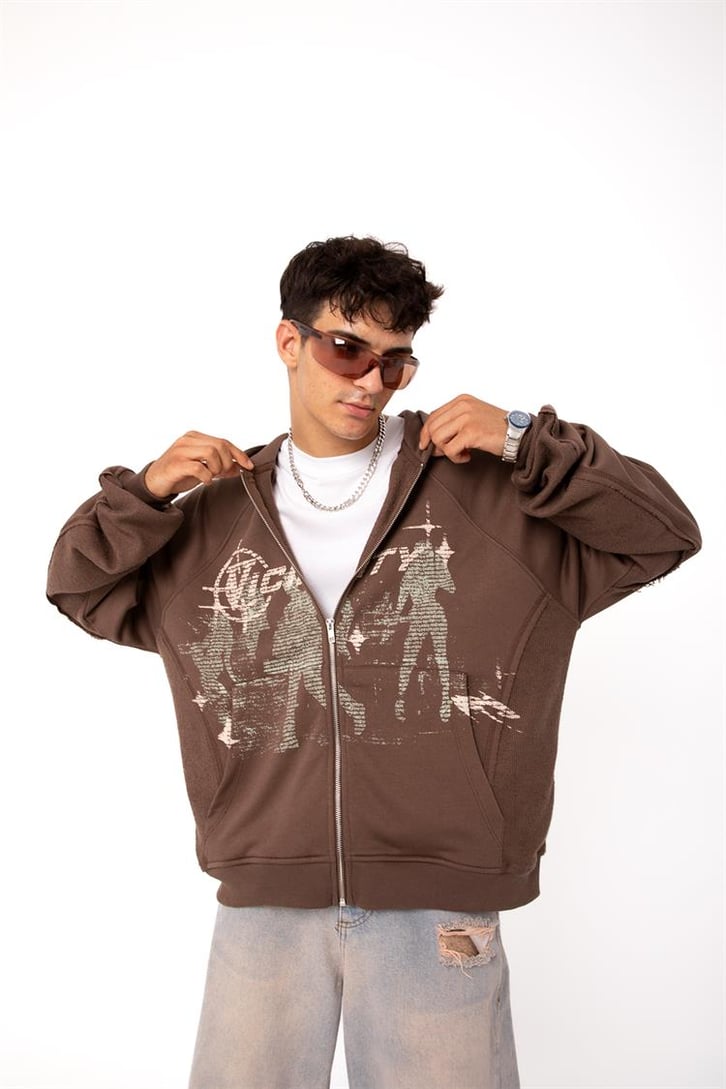 Premium Baskılı Kahverengi Zipper Hoodie