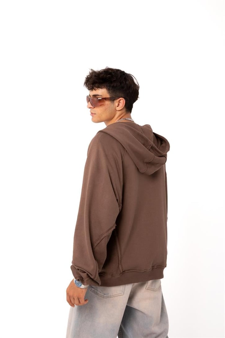 Premium Baskılı Kahverengi Zipper Hoodie