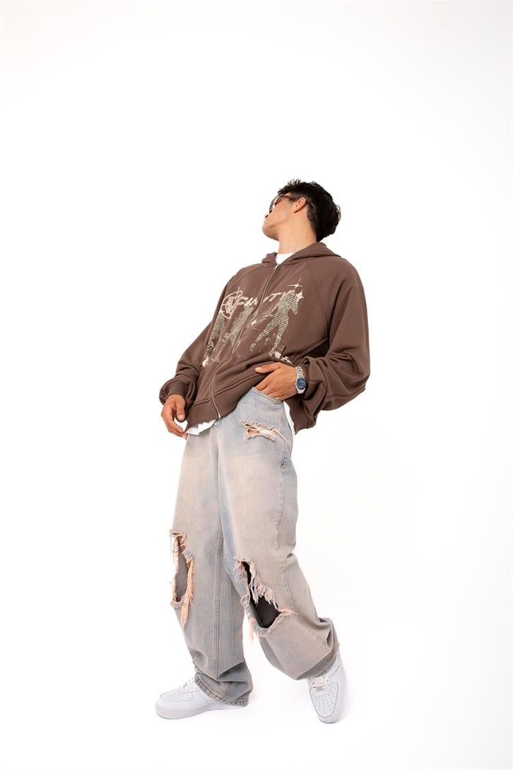 Premium Baskılı Kahverengi Zipper Hoodie