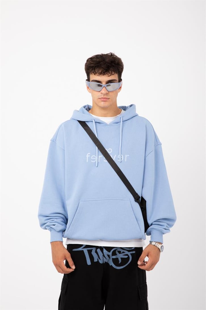 Premium Kumaş 500GSM Ferever Baskılı Bebek Mavisi Oversize Hoodie