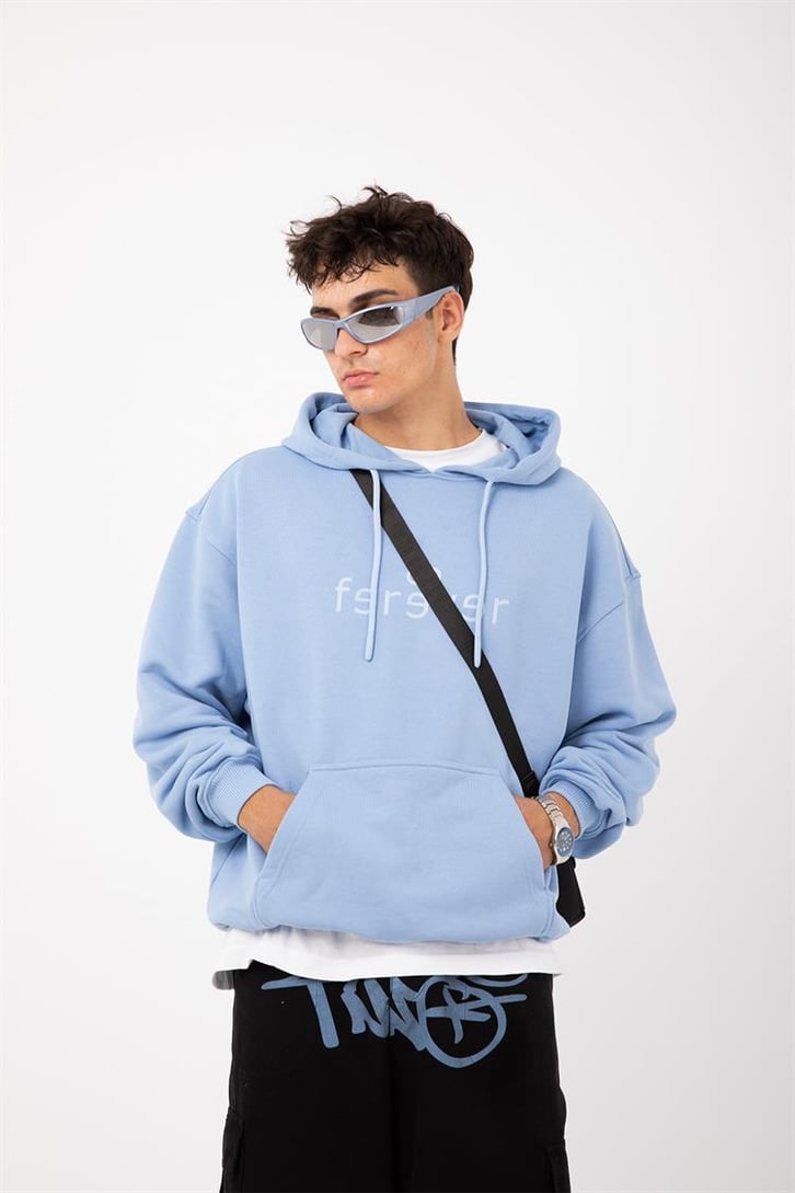 Premium Kumaş 500GSM Ferever Baskılı Bebek Mavisi Oversize Hoodie