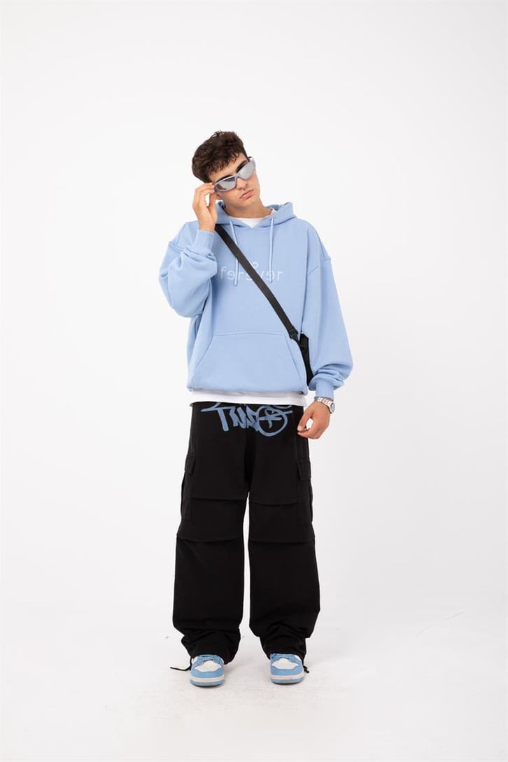 Premium Kumaş 500GSM Ferever Baskılı Bebek Mavisi Oversize Hoodie