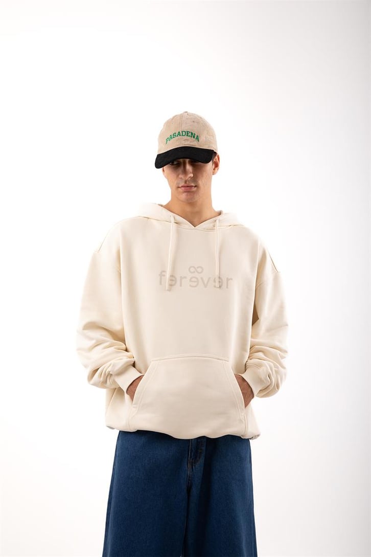 Premium Kumaş 500GSM Ferever Baskılı Krem Oversize Hoodie