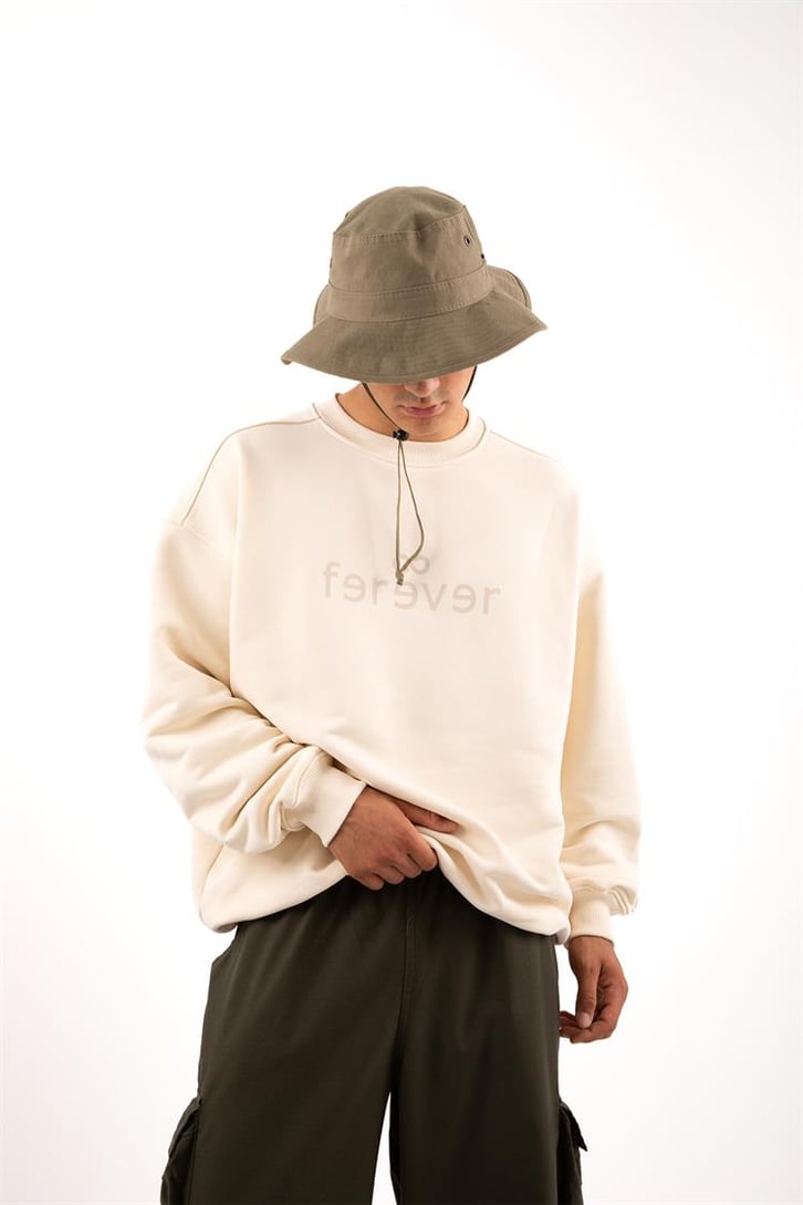 Premium Kumaş 500GSM Ferever Baskılı Krem Oversize Sweatshirt