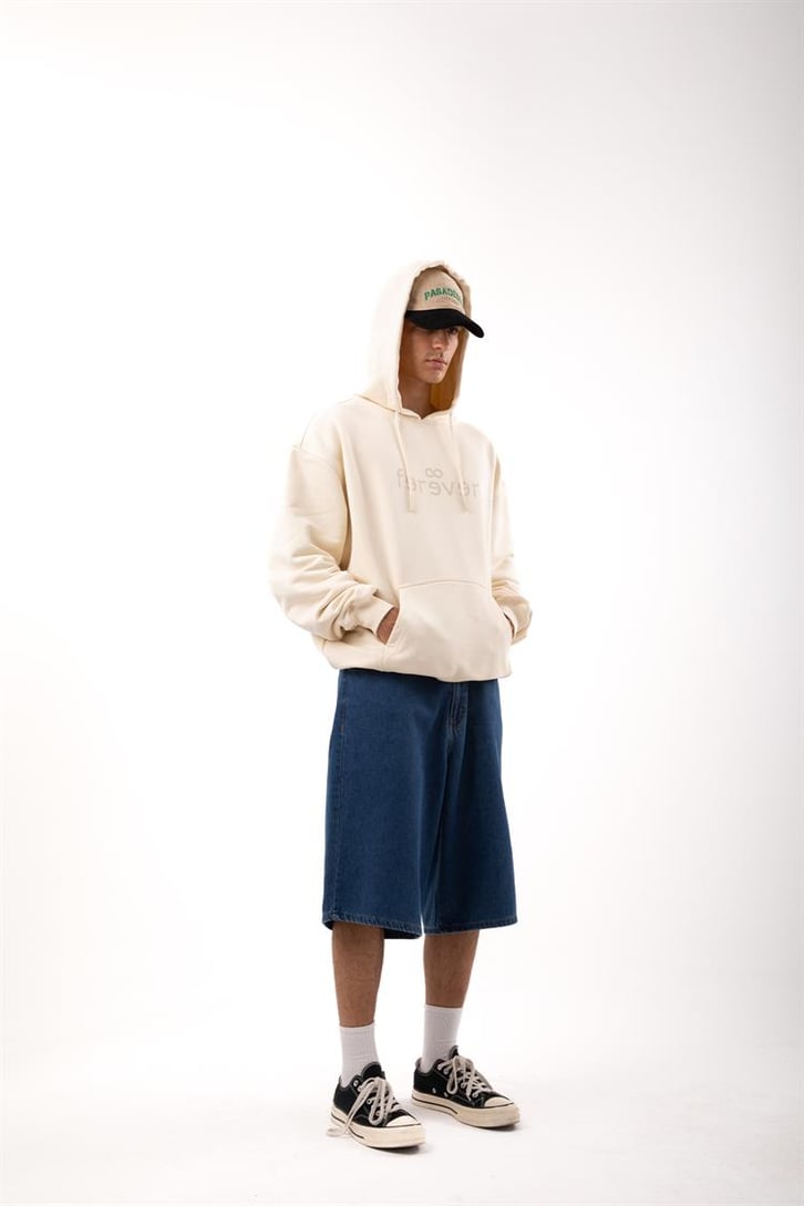 Premium Kumaş 500GSM Ferever Baskılı Krem Oversize Hoodie