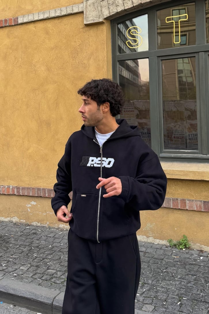 Premium Kumaş P.SO Nakışlı Zip Hoodie