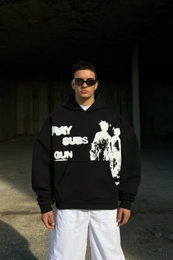 Premium Pay Subs Gun Baskılı Siyah Hoodie
