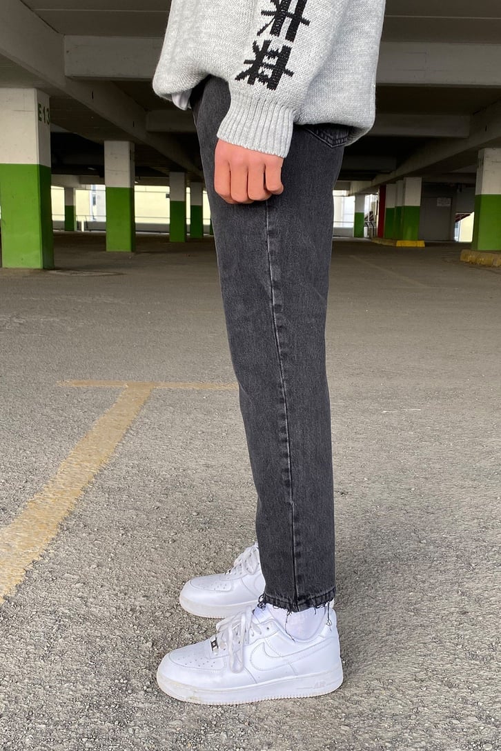 Premium Taşlamalı Antrasit Mom Jean