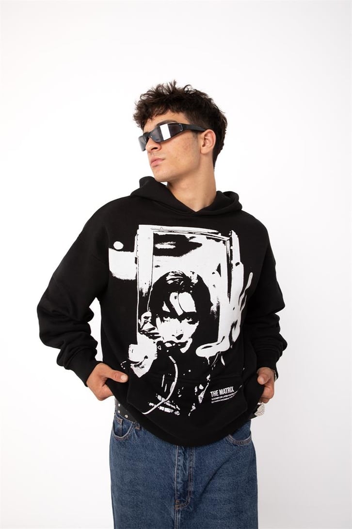 Premium The Matrix Baskılı Siyah Oversize Hoodie