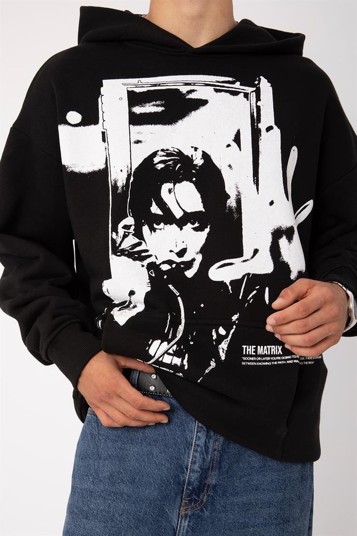 Premium The Matrix Baskılı Siyah Oversize Hoodie