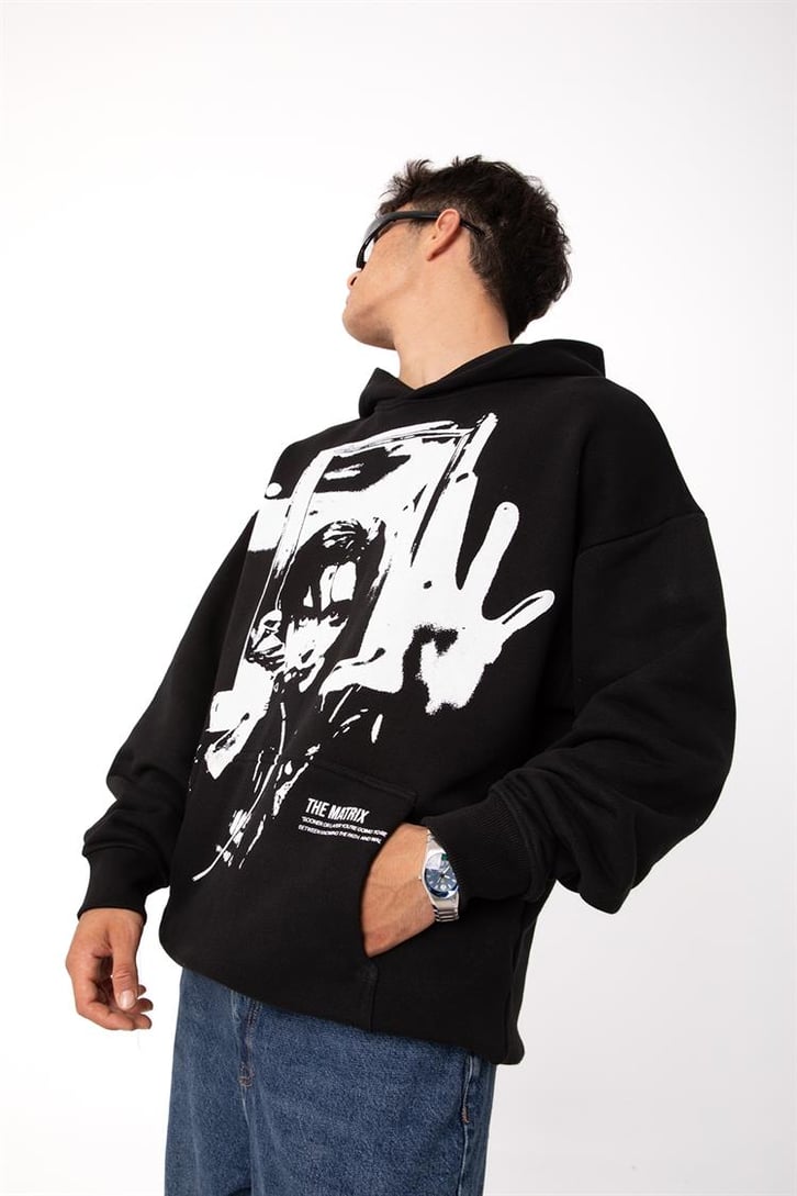 Premium The Matrix Baskılı Siyah Oversize Hoodie