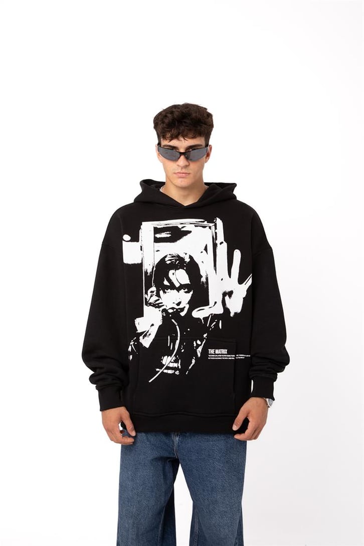 Premium The Matrix Baskılı Siyah Oversize Hoodie