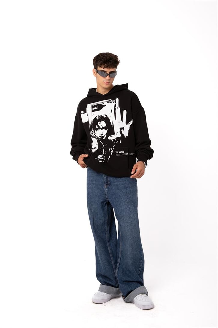 Premium The Matrix Baskılı Siyah Oversize Hoodie